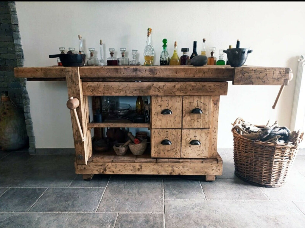 Carpenter's workbench for furnishing kitchen island or BAR corner INDUSTRIAL style solid wood with worn effect 4 drawers 2 vices 170x70xh100 cm