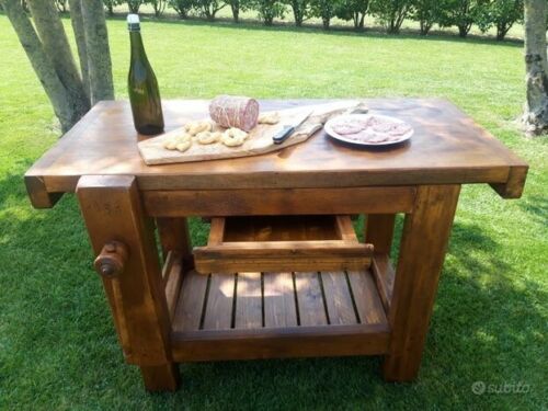 Carpenter's workbench for veranda or kitchen island INDUSTRIAL style solid wood with drawer and vice 117x57xh83 cm